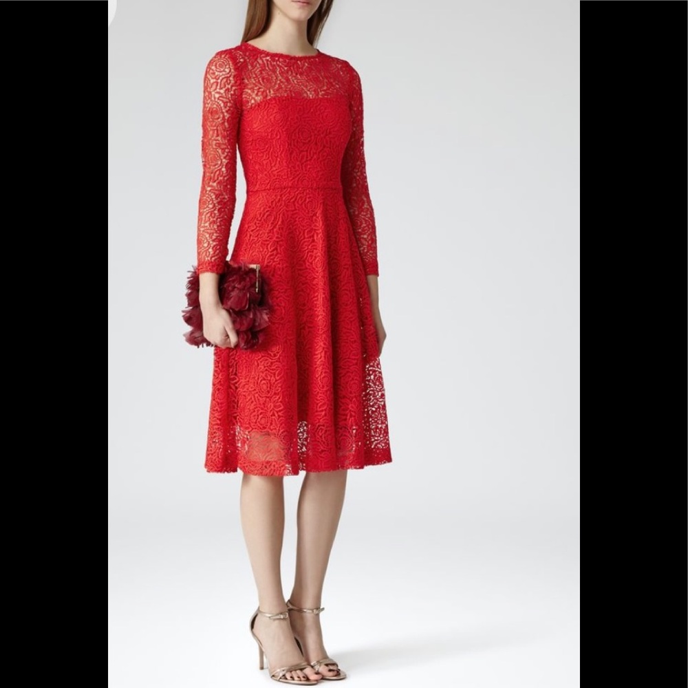 REISS - LONG SLEEVE RED GUIPURE LACE MIDI LADY DRESS - NWTags